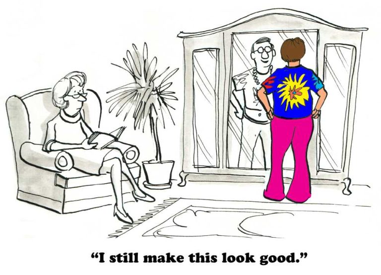 Cartoon drawing of a man in bright clothes standing infront of a mirror