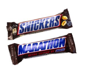 Picture of a Marathon and Snickers chocolate bar with a white background