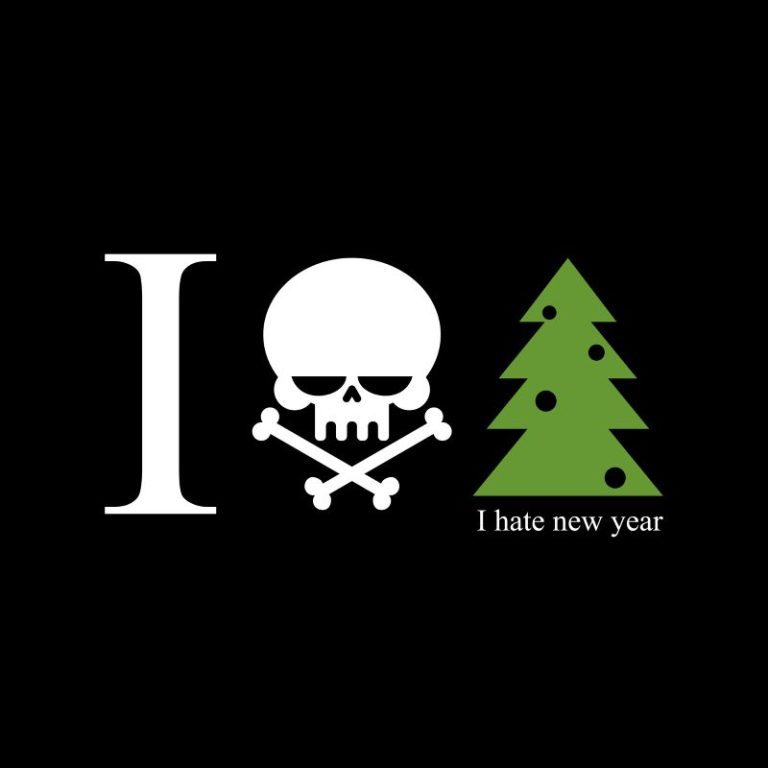 Capital I, skull and a xmas tree with the words I Hate New Year below it