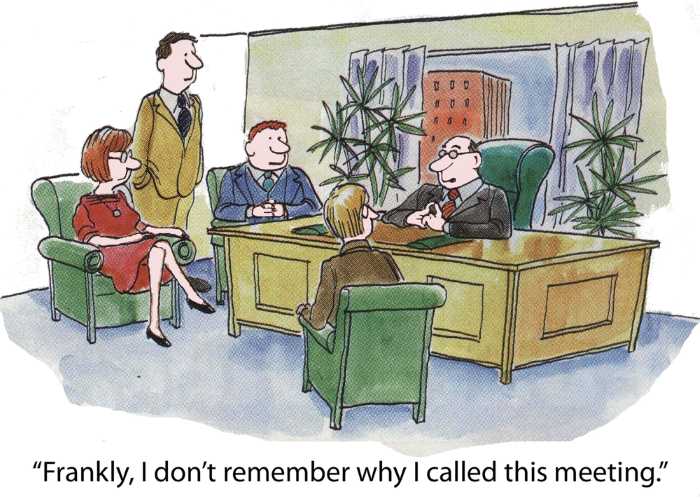Cartoon joke about forgetting why a meeting was called