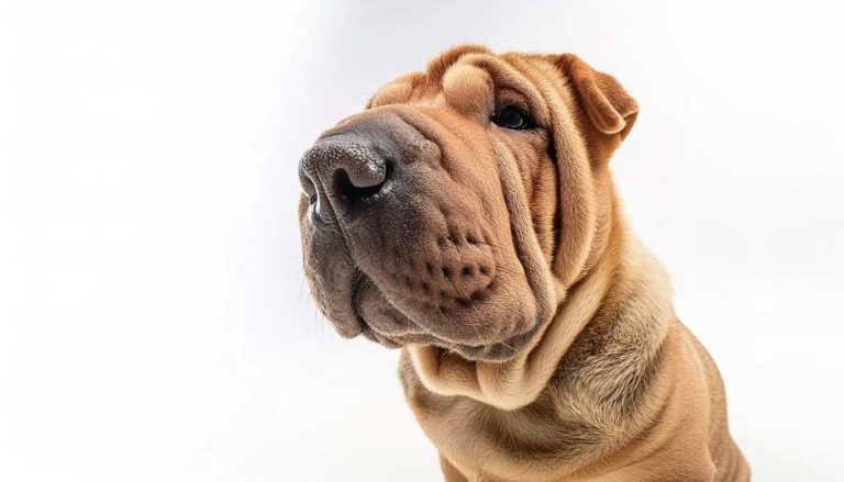 Close up view of a Shar pei dog showing lots of wrinkles