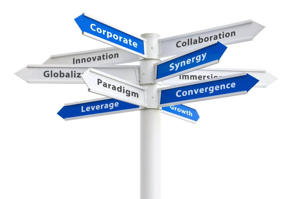 Sign with Corporate buzzwords pointing in different directions