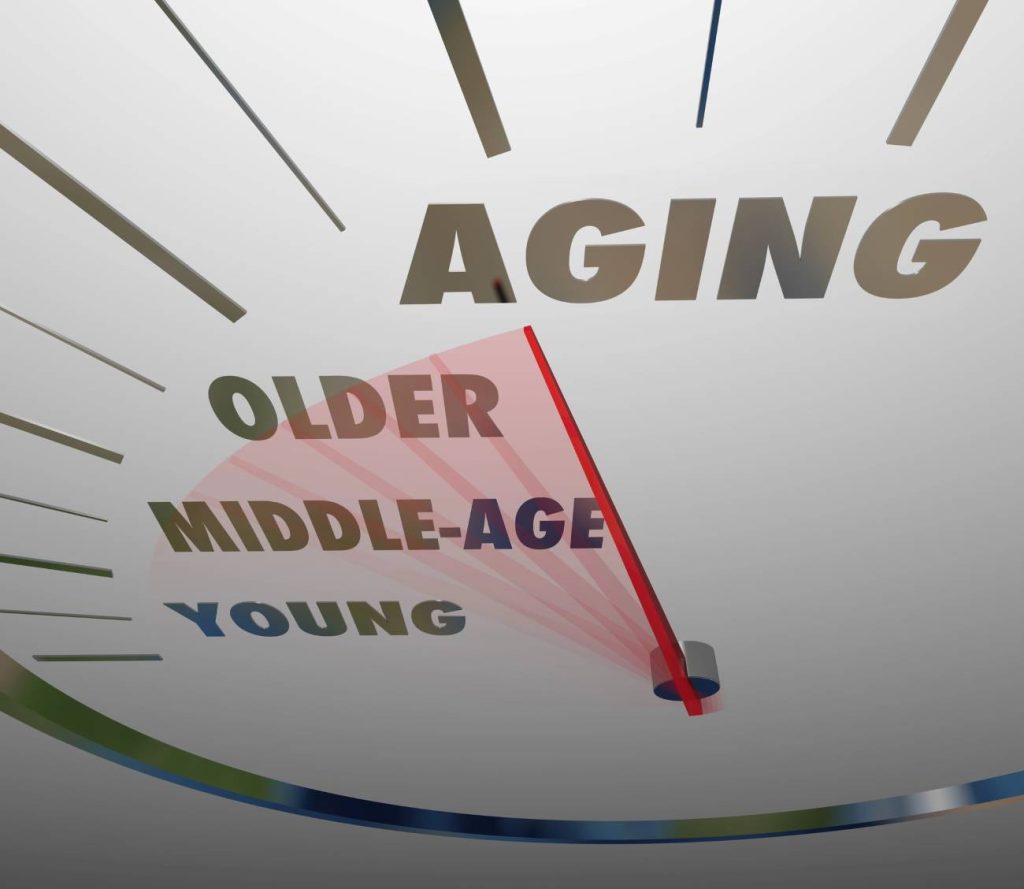 Red needle on a white speedo, racing past the words young to the word aging