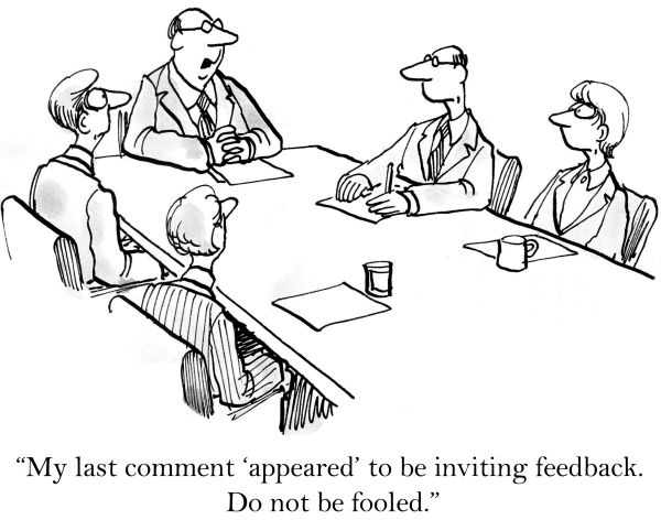 Cartoon showing 4 people sitting at a table being scared by the boss