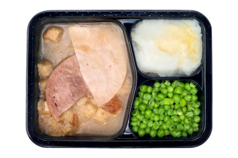 Bland looking frozen meal in a plastic tray