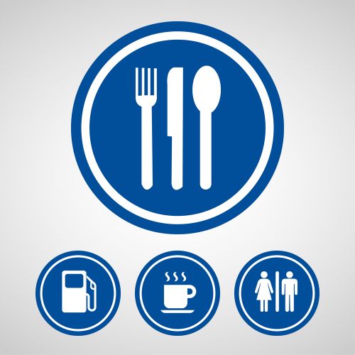 Petrol station dining sign showing knife, fork and spoon.